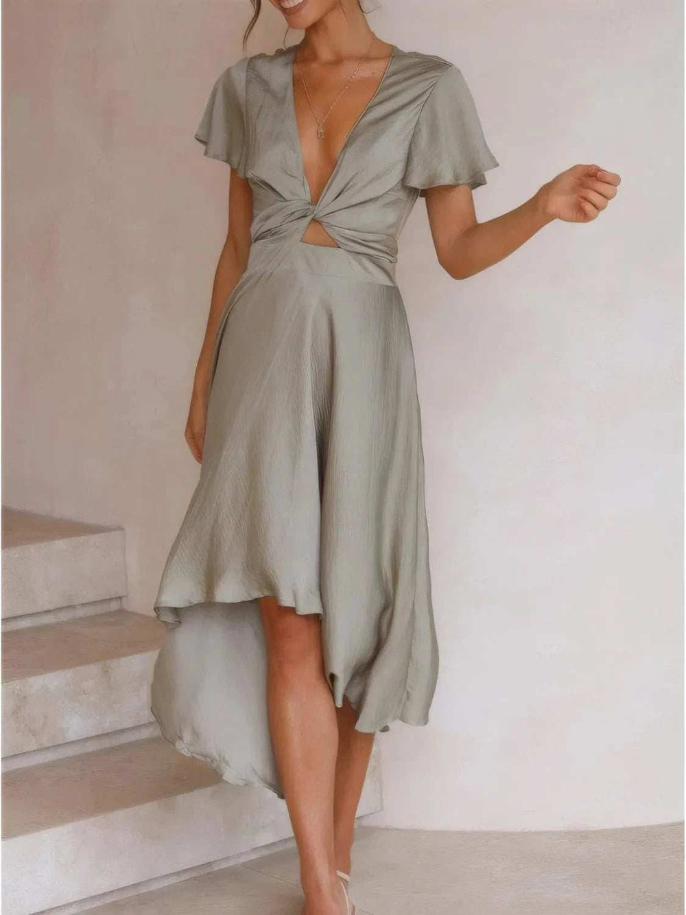 High-Low Plunge Flutter Sleeve Dress - Trendsi - Flyclothing LLC