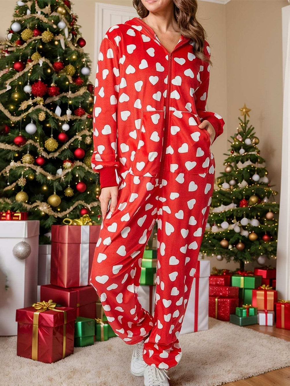 Printed Zip Up Long Sleeve Hooded Jumpsuit - Trendsi - Flyclothing LLC