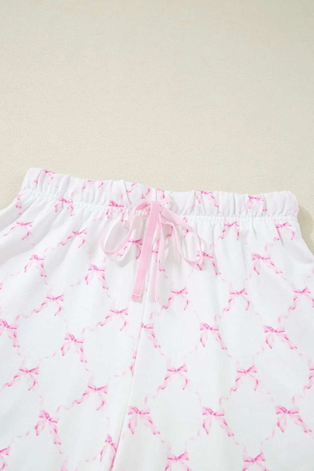 Bow Print Lettuce Trim Round Neck Top and Shorts Lounge Set - Trendsi - Flyclothing LLC