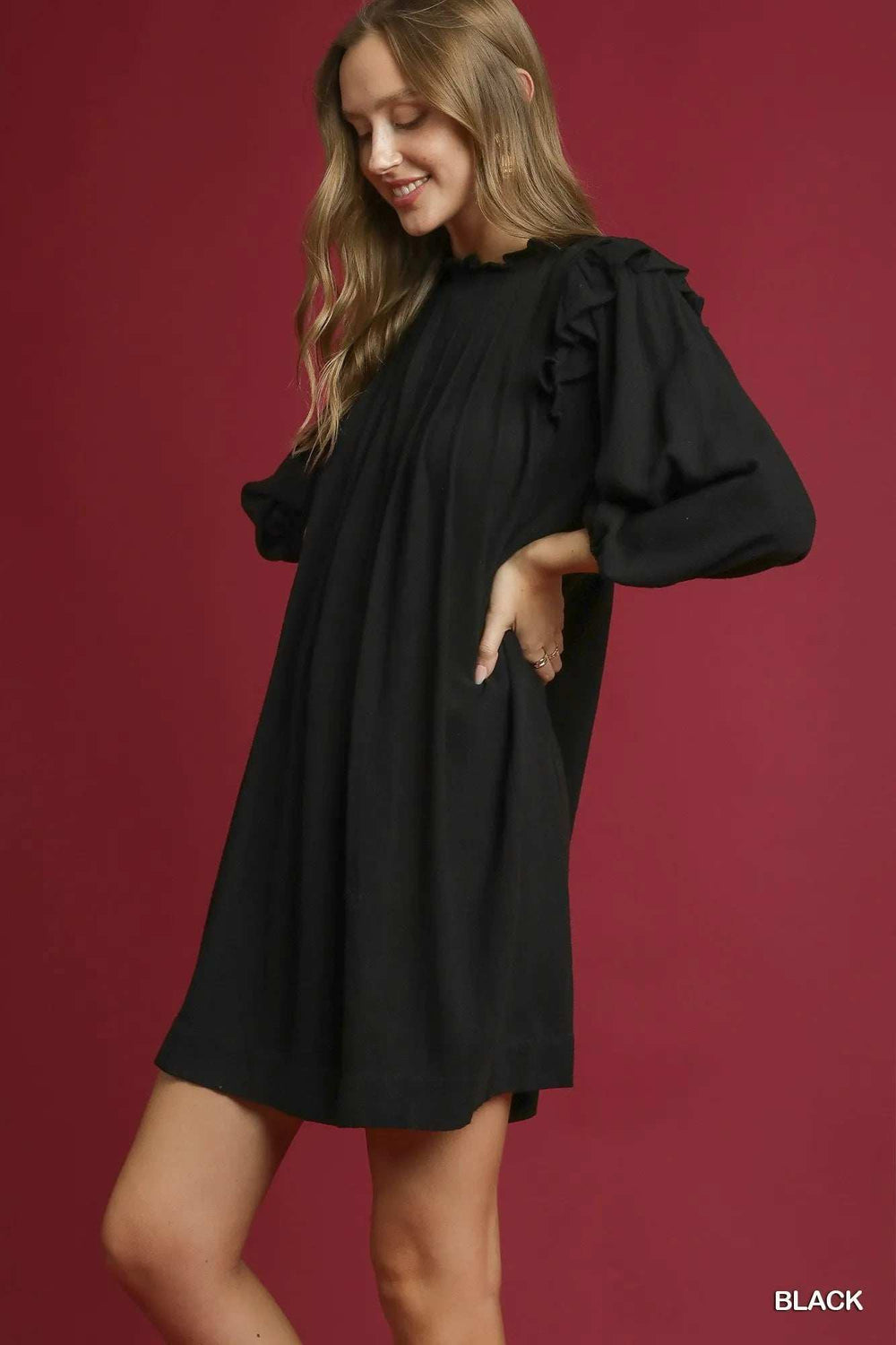 Umgee Linen Ruffle Shoulder Pleated Babydoll Dress - Trendsi - Flyclothing LLC