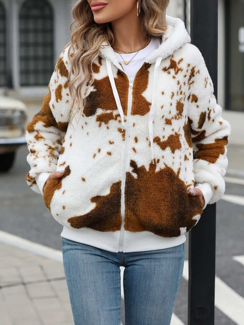 Fuzzy Drawstring Zip Up Hooded Jacket - Trendsi - Flyclothing LLC