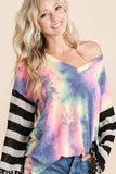 BiBi Tie Dye V Neck Top with Stripe Puff Sleeves - Trendsi - Flyclothing LLC