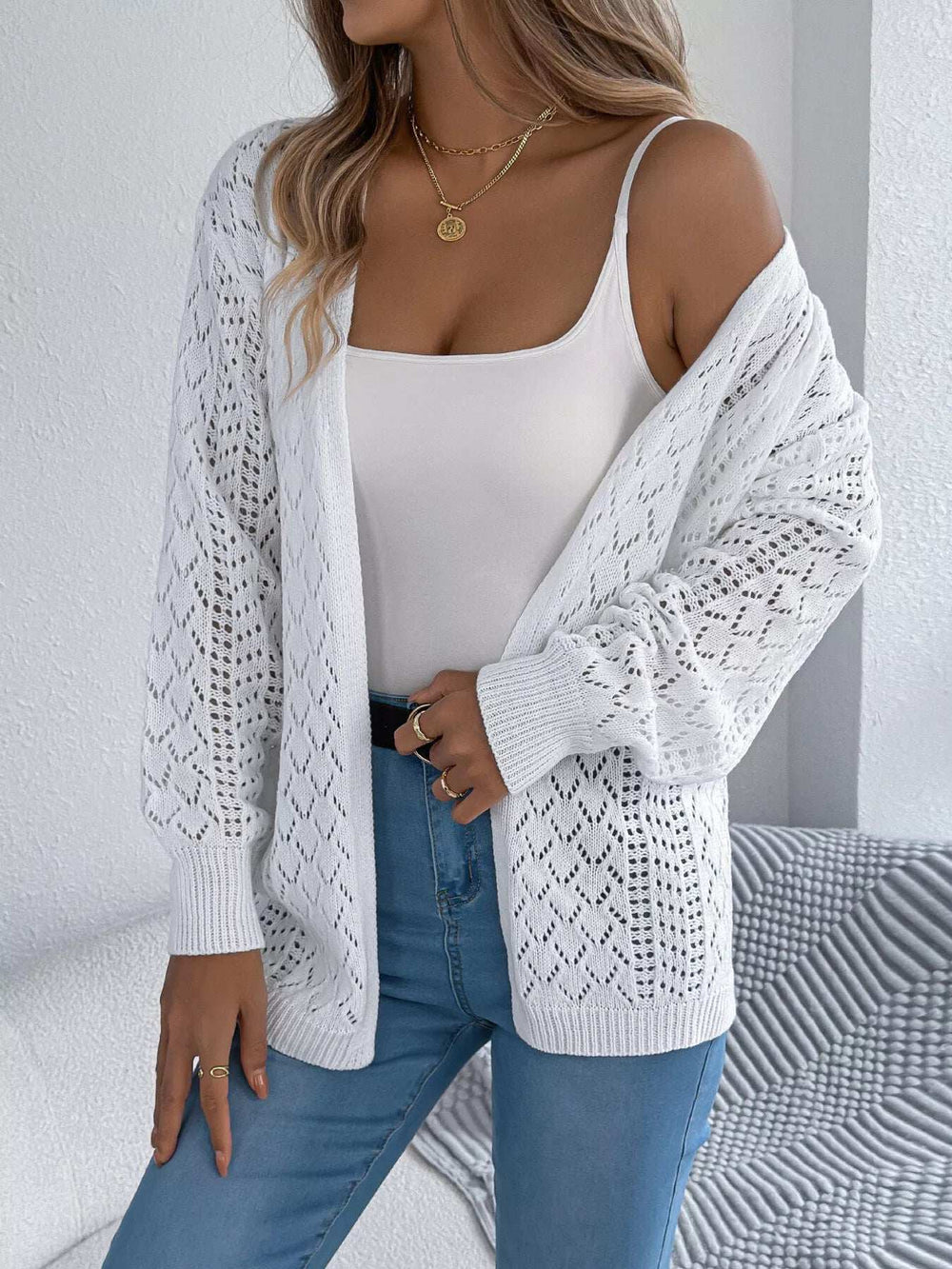 Openwork Open-Front Long Sleeve Cardigan - Trendsi - Flyclothing LLC