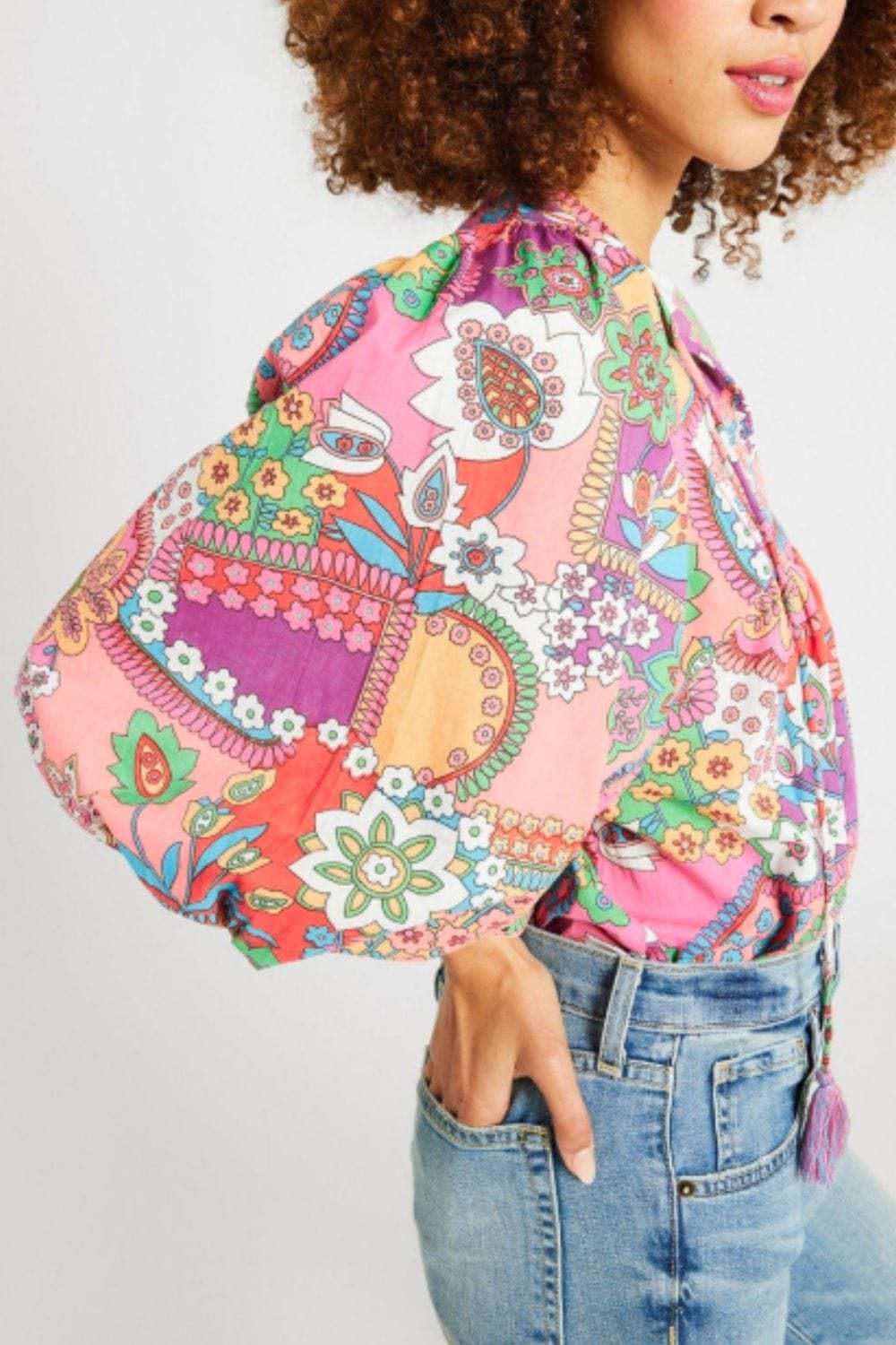 Printed Tie Neck Three-Quarter Sleeve Blouse - Trendsi - Flyclothing LLC