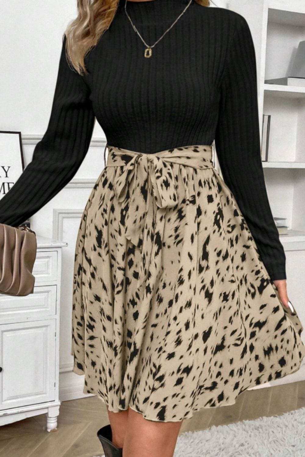 Printed Tie Waist Mock Neck Long Sleeve Dress - Trendsi - Flyclothing LLC