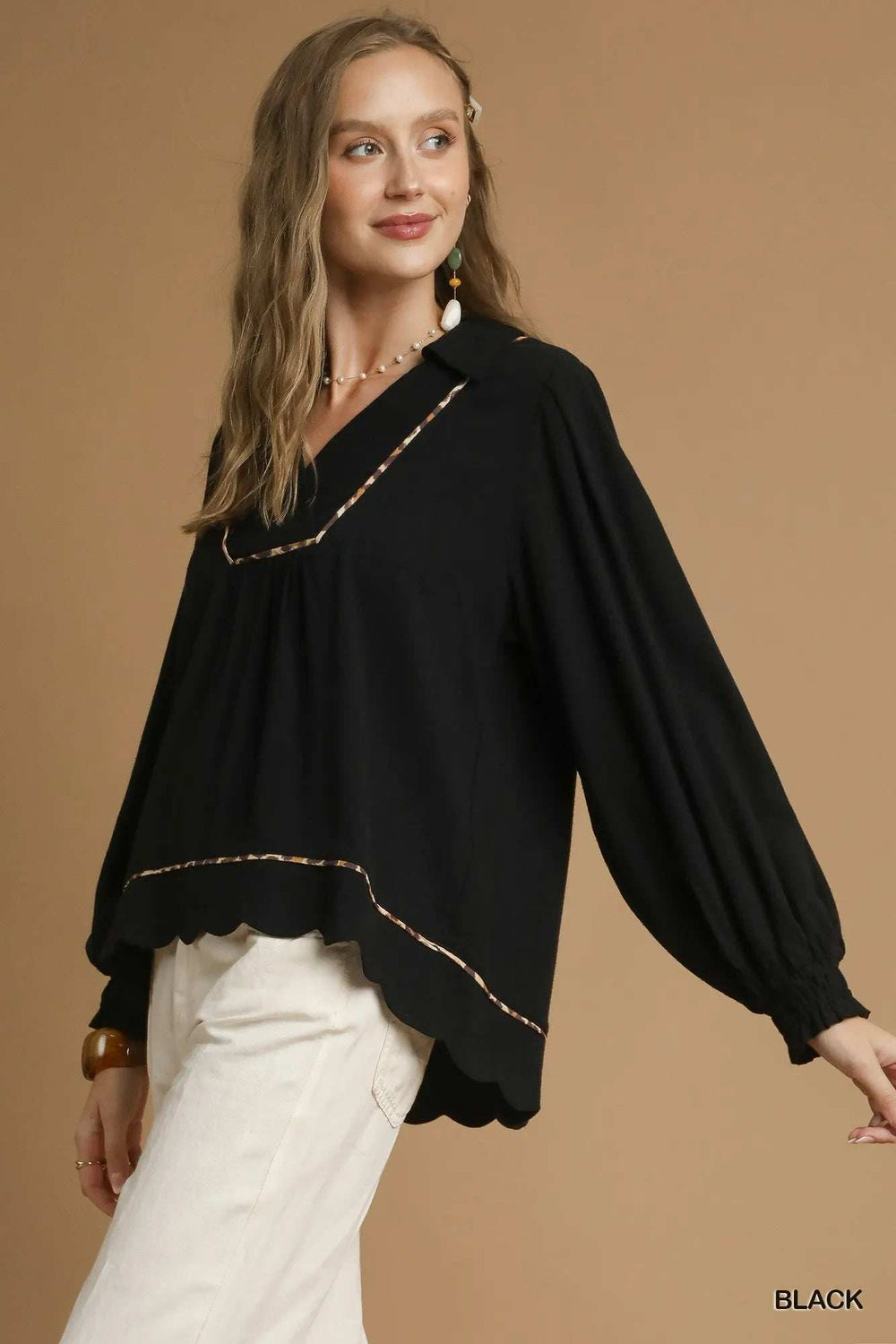 Umgee Full Size Linen Scallop Hem Blouse with Contrast Trim Plus Size - Trendsi - Flyclothing LLC