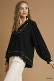 Umgee Full Size Linen Scallop Hem Blouse with Contrast Trim Plus Size - Trendsi - Flyclothing LLC