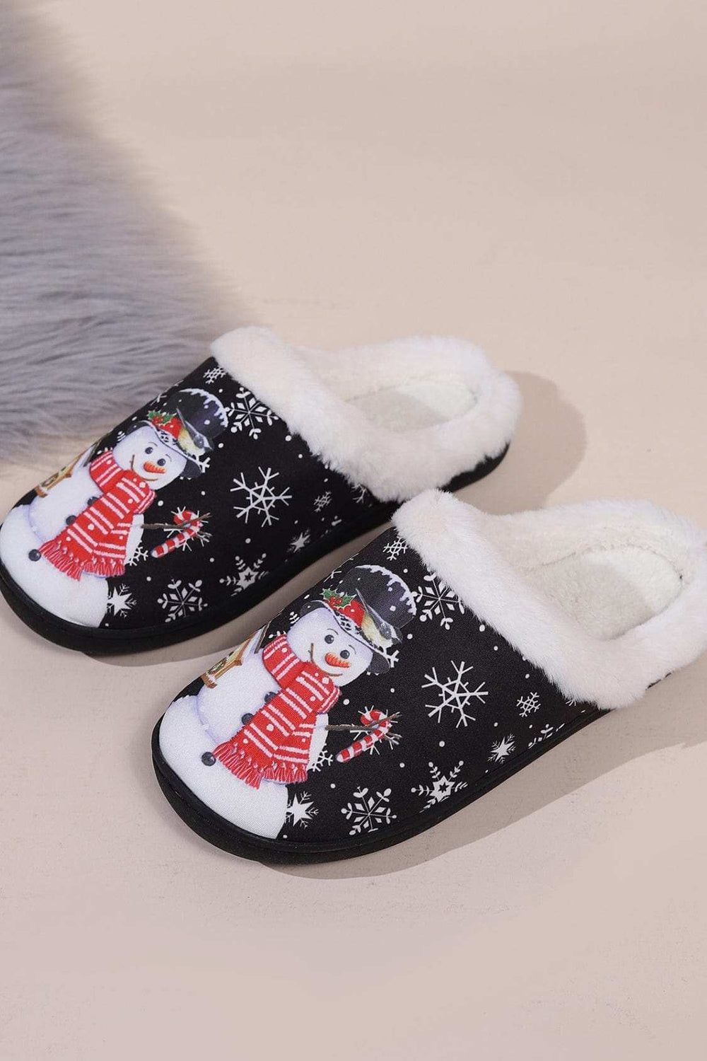 Snowman Round Toe Faux Fur Slippers - Trendsi - Flyclothing LLC