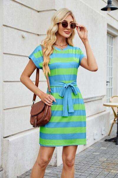 Tied Contrast Striped Short Sleeve Mini Tee Dress - Trendsi - Flyclothing LLC