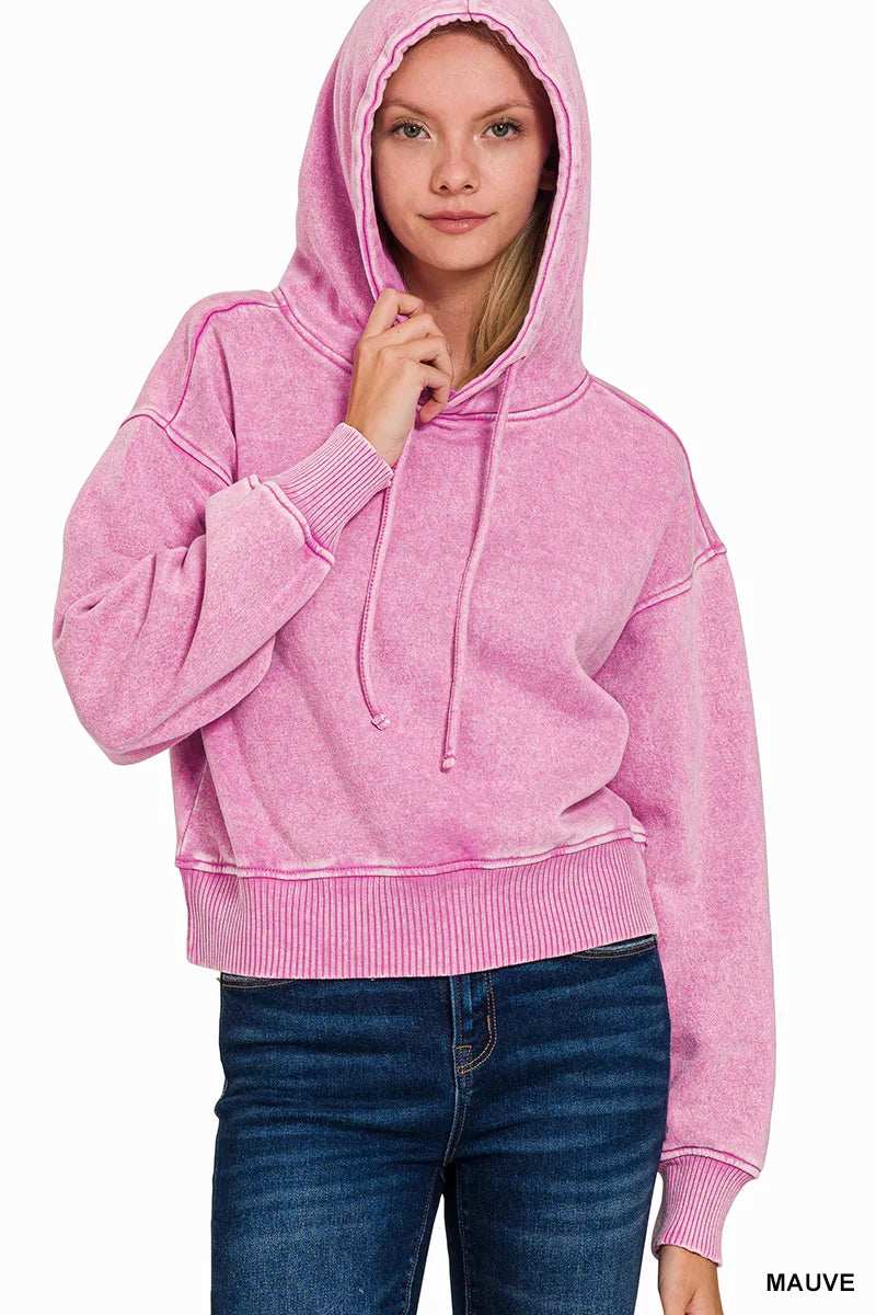 Zenana Acid Wash Fleece Drawstring Cropped Hoodie - Trendsi - Flyclothing LLC