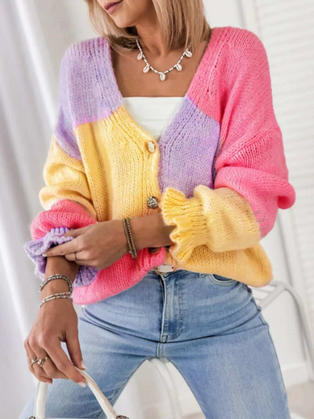 Color Block V-Neck Cardigan - Trendsi - Flyclothing LLC