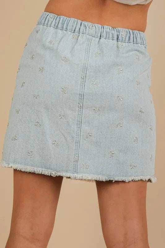 VERY J Bow Printed Casual Denim Mini Skirt - Trendsi - Flyclothing LLC