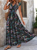 Printed V-Neck Cap Sleeve Maxi Dress - Trendsi - Flyclothing LLC
