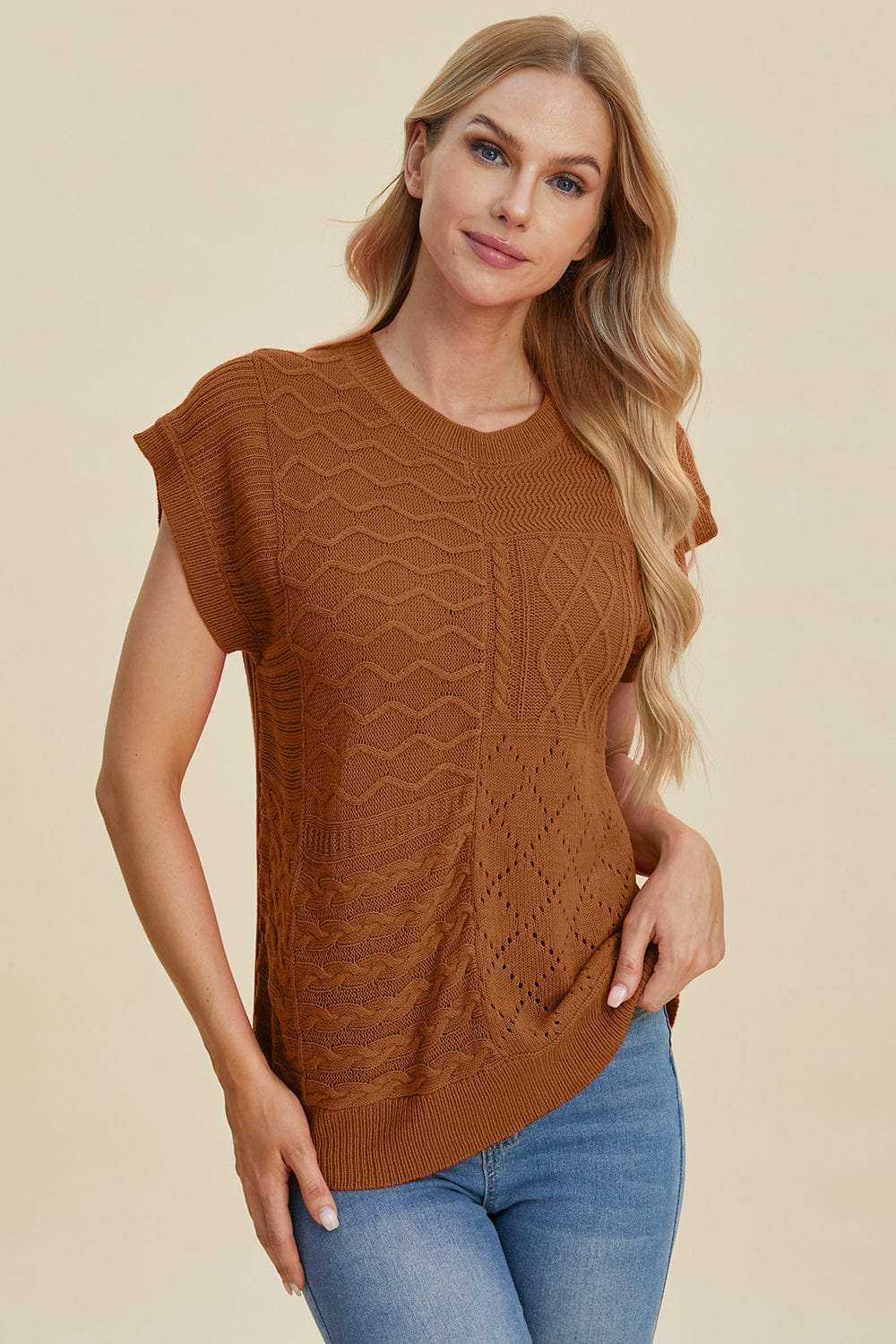 Double Take Full Size Cable-Knit Round Neck Cap Sleeve Sweater - Trendsi - Flyclothing LLC