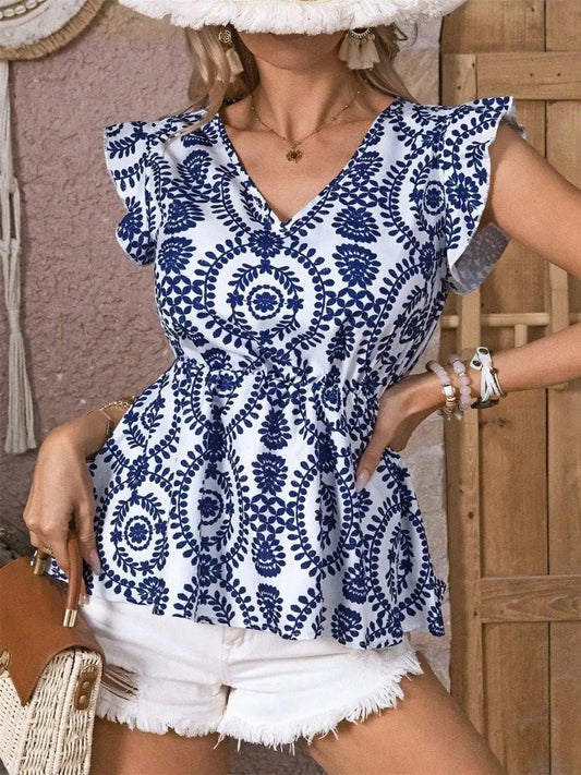 Ruffled Printed V-Neck Cap Sleeve Blouse - Trendsi - Flyclothing LLC