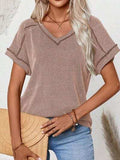 Exposed Seam V-Neck Short Sleeve Top - Trendsi - Flyclothing LLC
