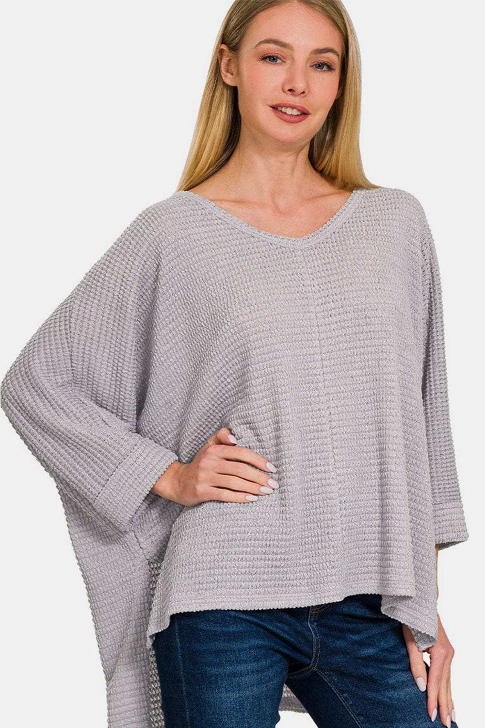 Zenana Waffle Knit V-Neck Long Sleeve Slit Top - Trendsi - Flyclothing LLC