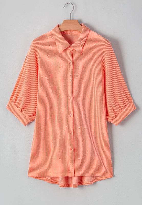 Corded Half Sleeve Button Up High Low Shirt - Trendsi - Flyclothing LLC