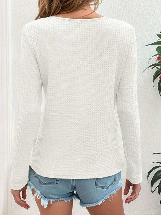 Waffle-Knit V-Neck Long Sleeve Top - Trendsi - Flyclothing LLC