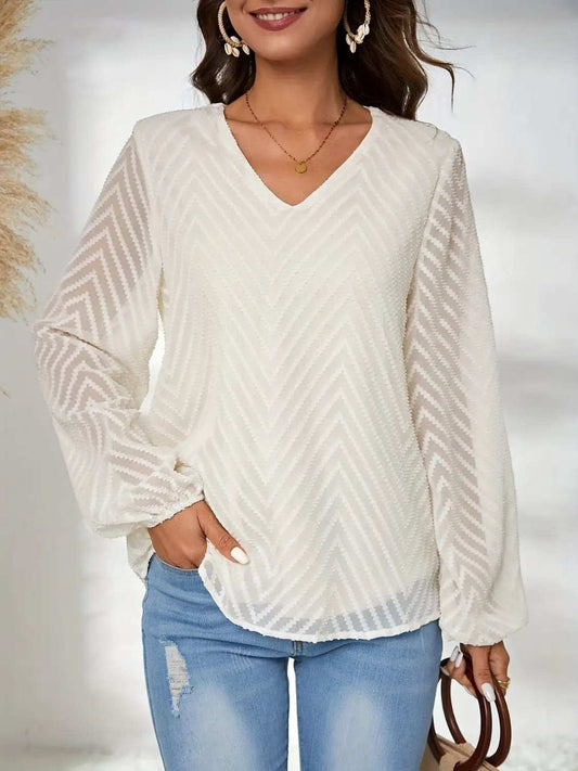 Textured V-Neck Balloon Sleeve Blouse - Trendsi - Flyclothing LLC