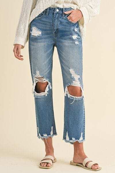 Annie Wear Distressed Raw Hem Cropped Jeans - Trendsi - Flyclothing LLC