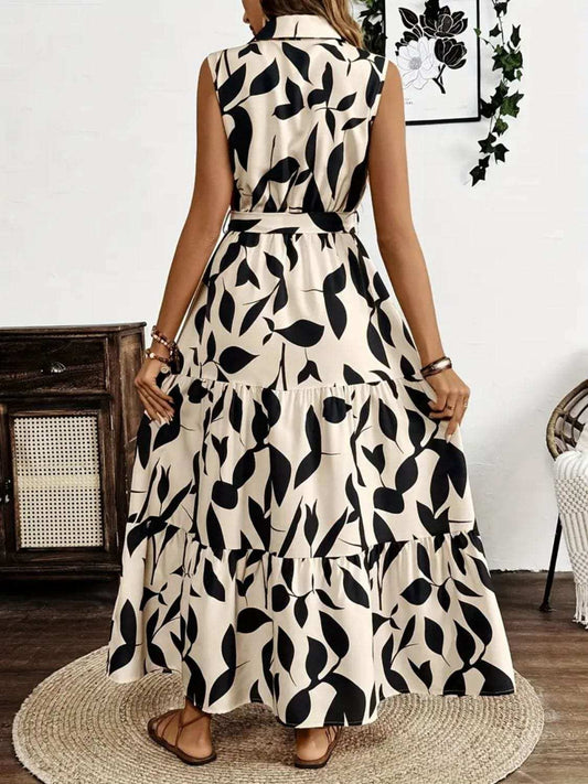 Printed Tie Waist Sleeveless Maxi Dress - Trendsi - Flyclothing LLC