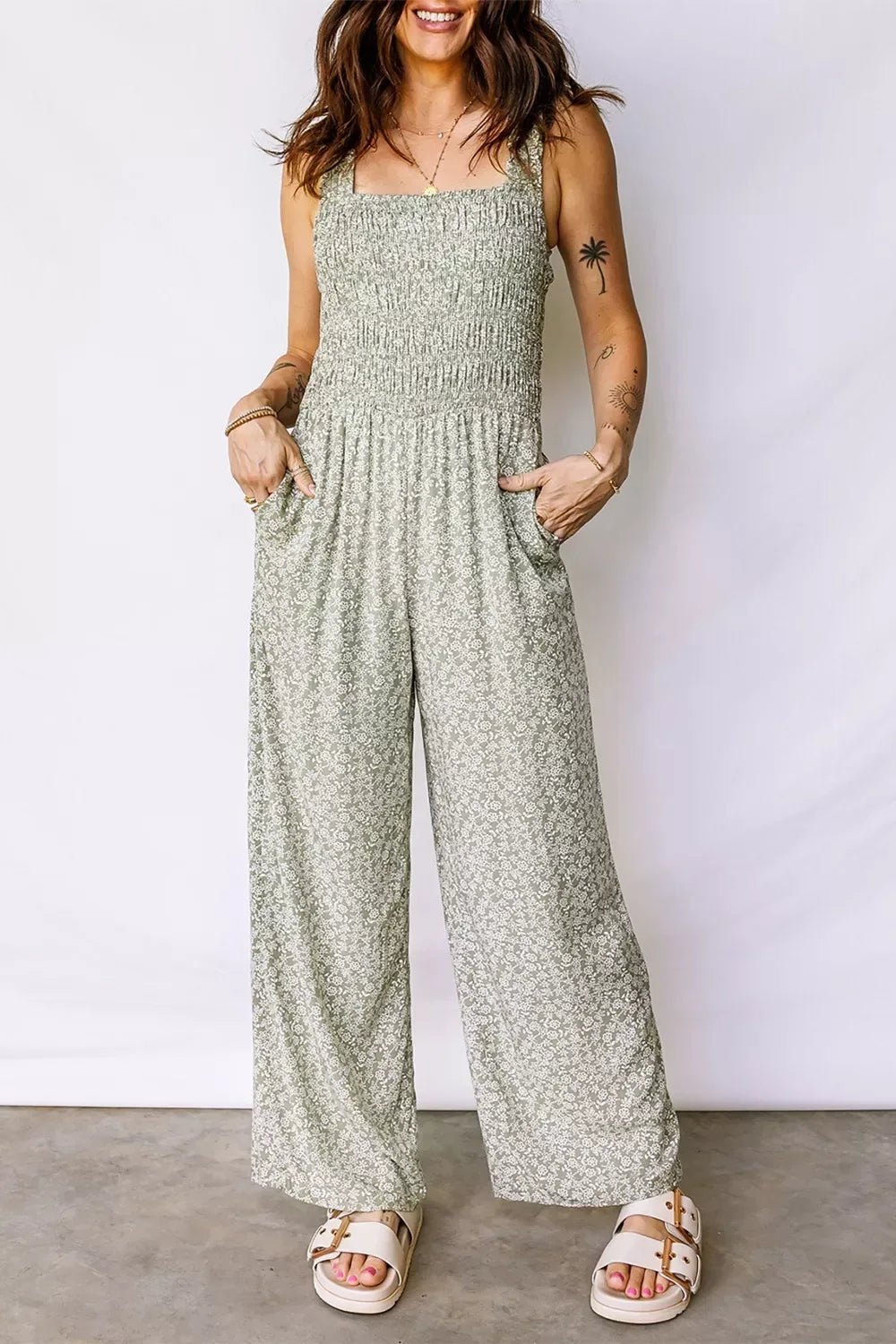 Smocked Bodice Square Neck Sleeveless Floral Jumpsuit - Trendsi - Flyclothing LLC