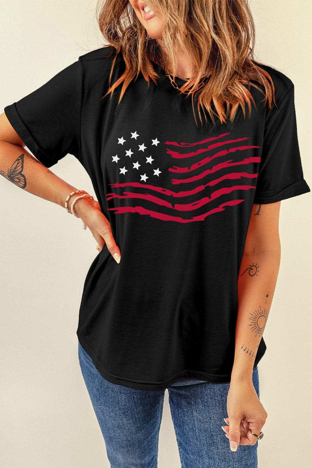 US Flag Round Neck Short Sleeve T-Shirt - Trendsi - Flyclothing LLC