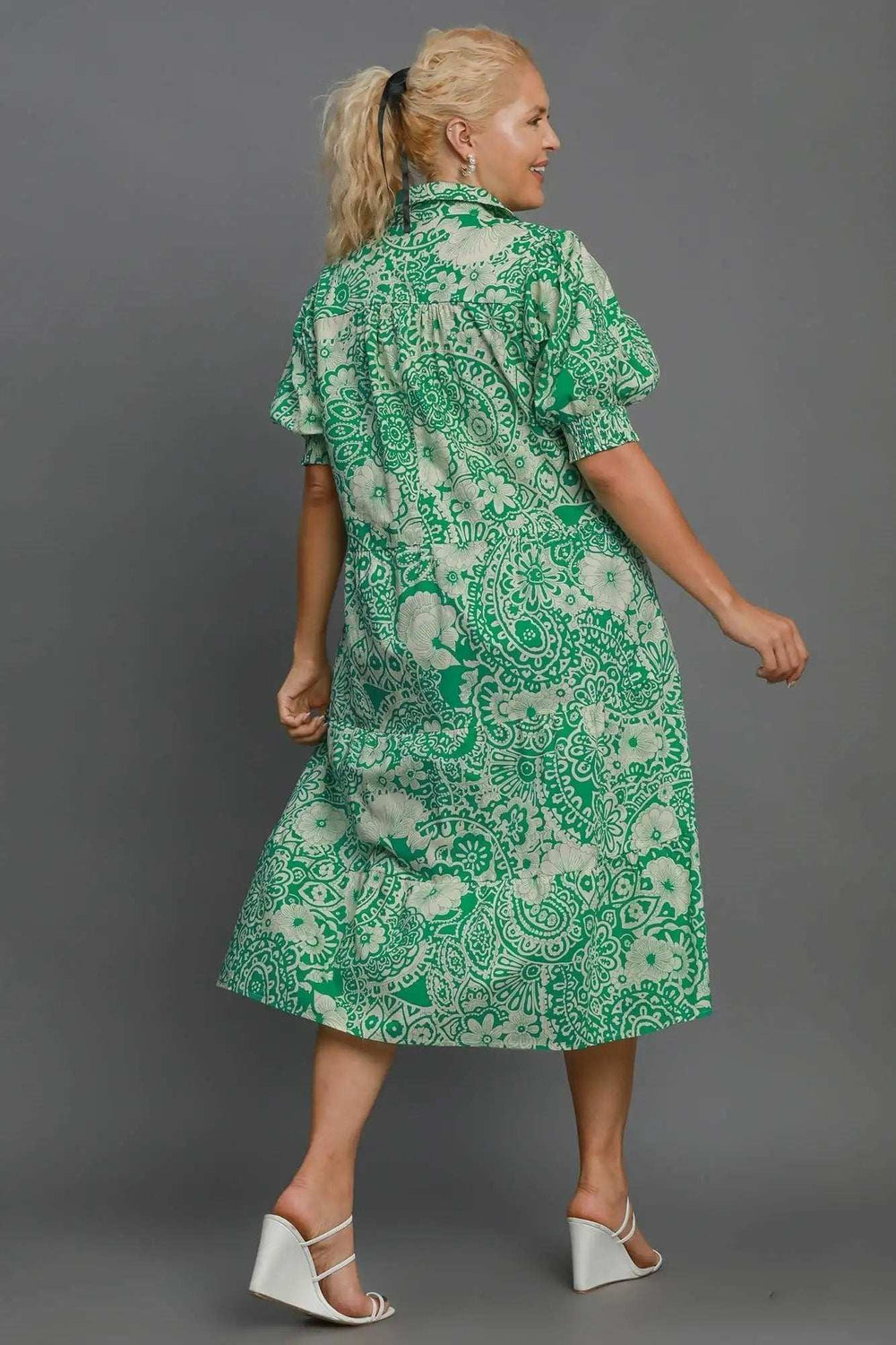 Umgee Full Size Printed Smocked Cuff Puff Sleeve Midi Dress Plus Size - Trendsi - Flyclothing LLC