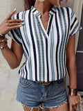 Striped Notched Short Sleeve Shirt - Trendsi - Flyclothing LLC