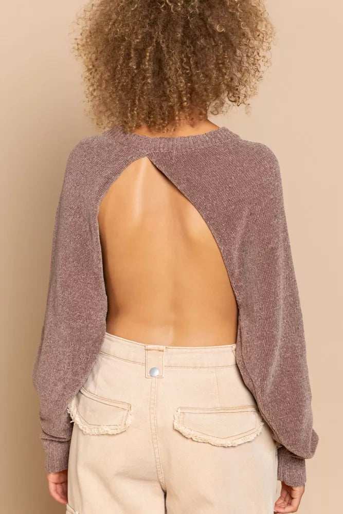 POL Round Neck Backless Sweater with Ribbed Edge - Trendsi - Flyclothing LLC