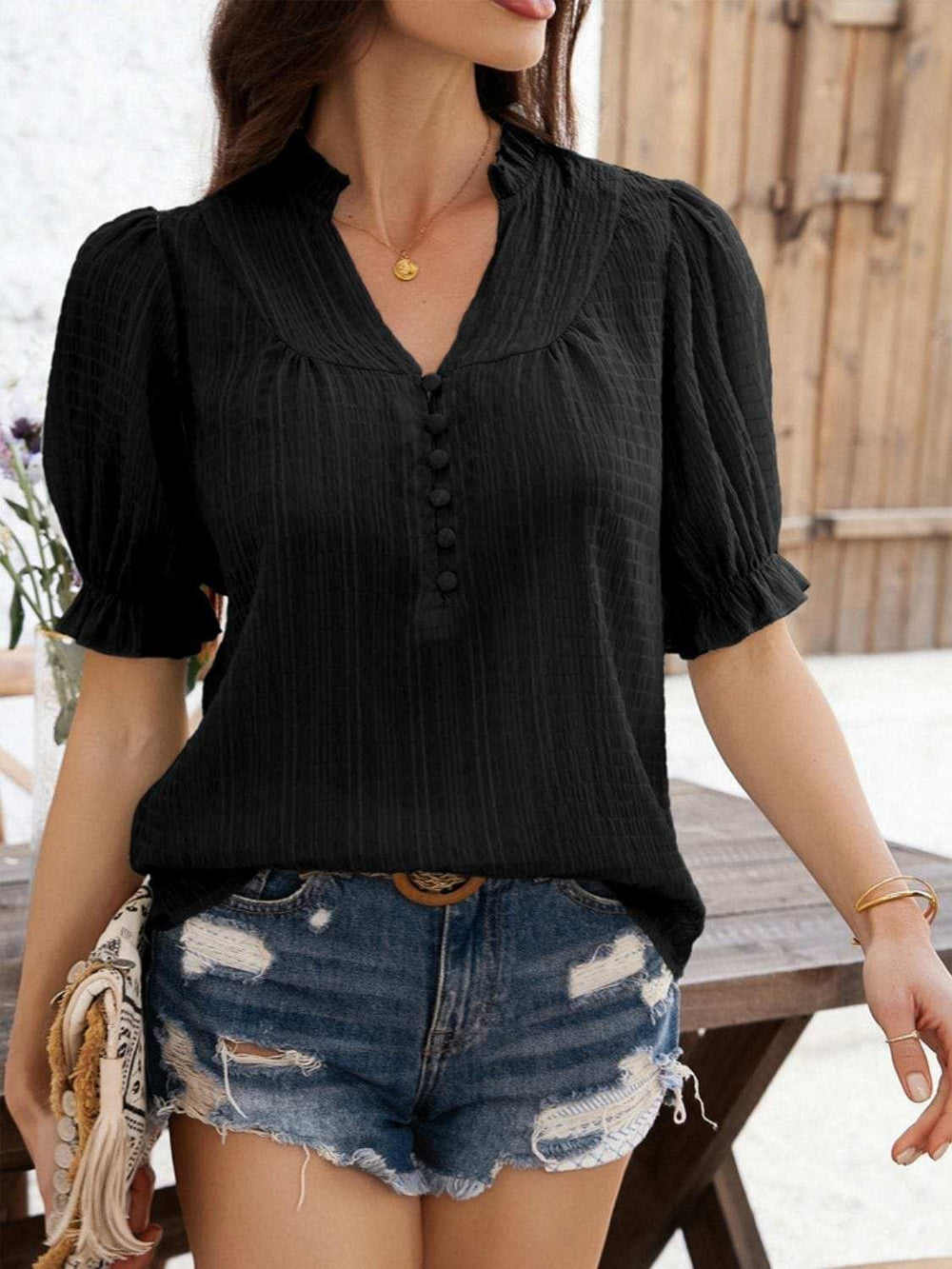Devine Frill Notched Short Sleeve Blouse - Trendsi - Flyclothing LLC