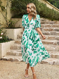 Smocked Printed V-Neck Half Sleeve Midi Dress - Trendsi - Flyclothing LLC