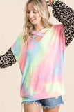 BiBi Tie Dye Terry Top with Leopard Puff Sleeves - Trendsi - Flyclothing LLC