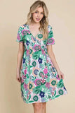 BOMBOM Ruched Floral V-Neck Short Sleeve Dress - Trendsi - Flyclothing LLC