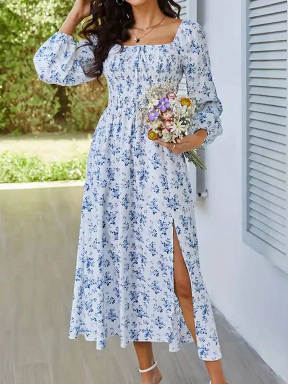 Slit Smocked Floral Square Neck Balloon Sleeve Midi Dress - Trendsi - Flyclothing LLC
