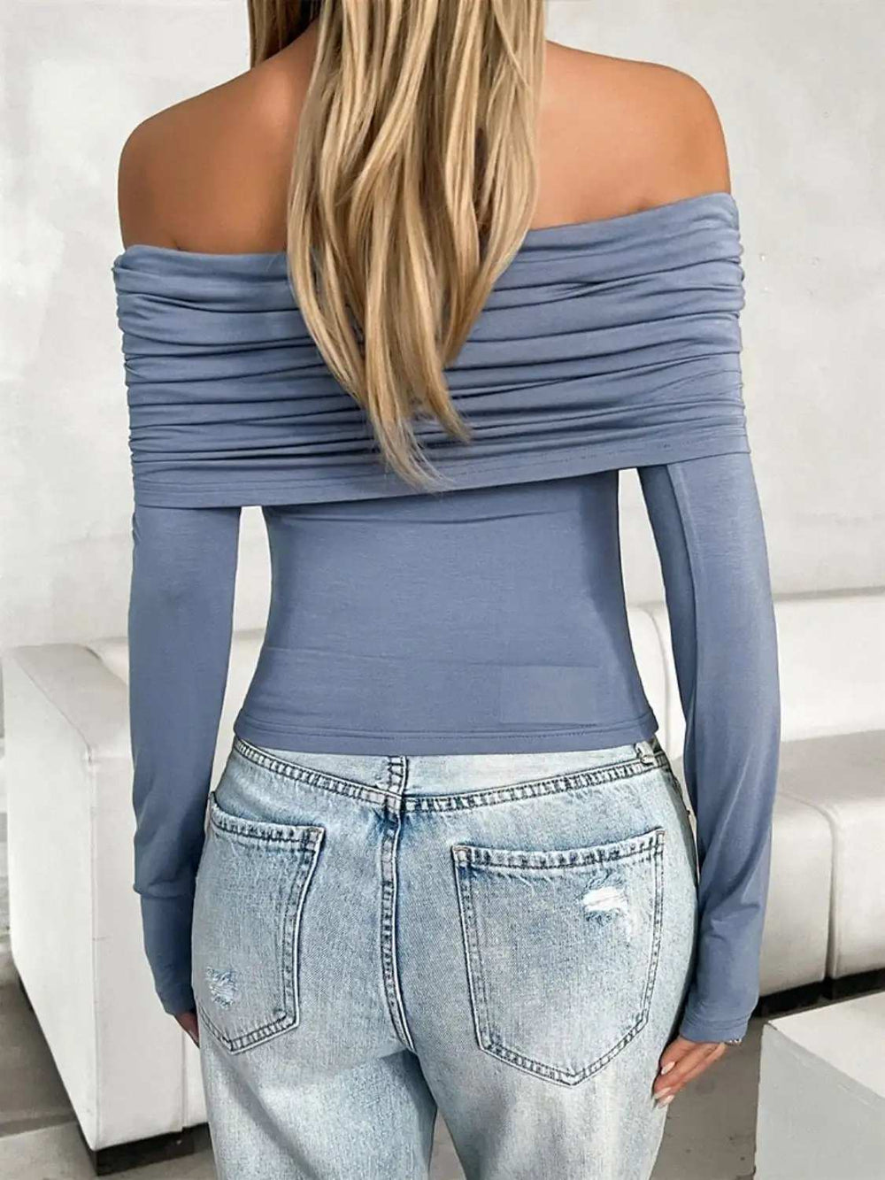 Ruched Off-Shoulder Long Sleeve T-Shirt - Trendsi - Flyclothing LLC