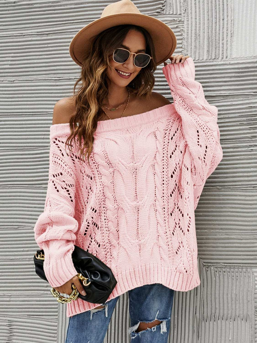 Cable Knit Openwork Off-Shoulder Sweater - Trendsi - Flyclothing LLC