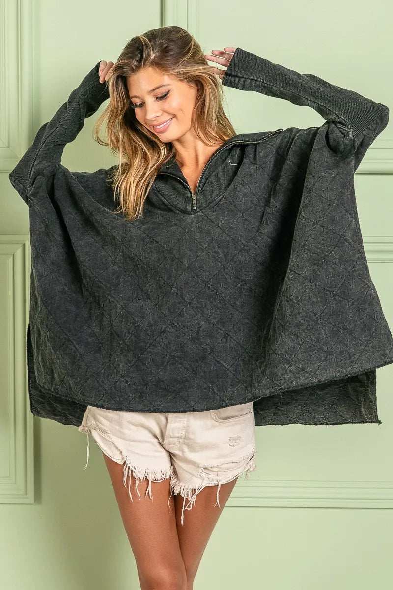 BiBi Vintage Washed Quilted Half Zip Top - Trendsi - Flyclothing LLC
