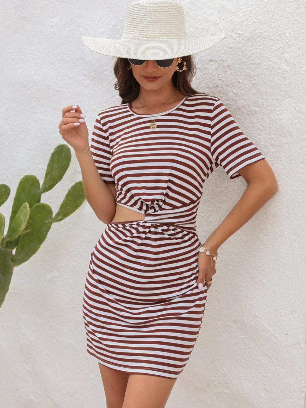Cutout Striped Round Neck Short Sleeve Dress - Trendsi - Flyclothing LLC