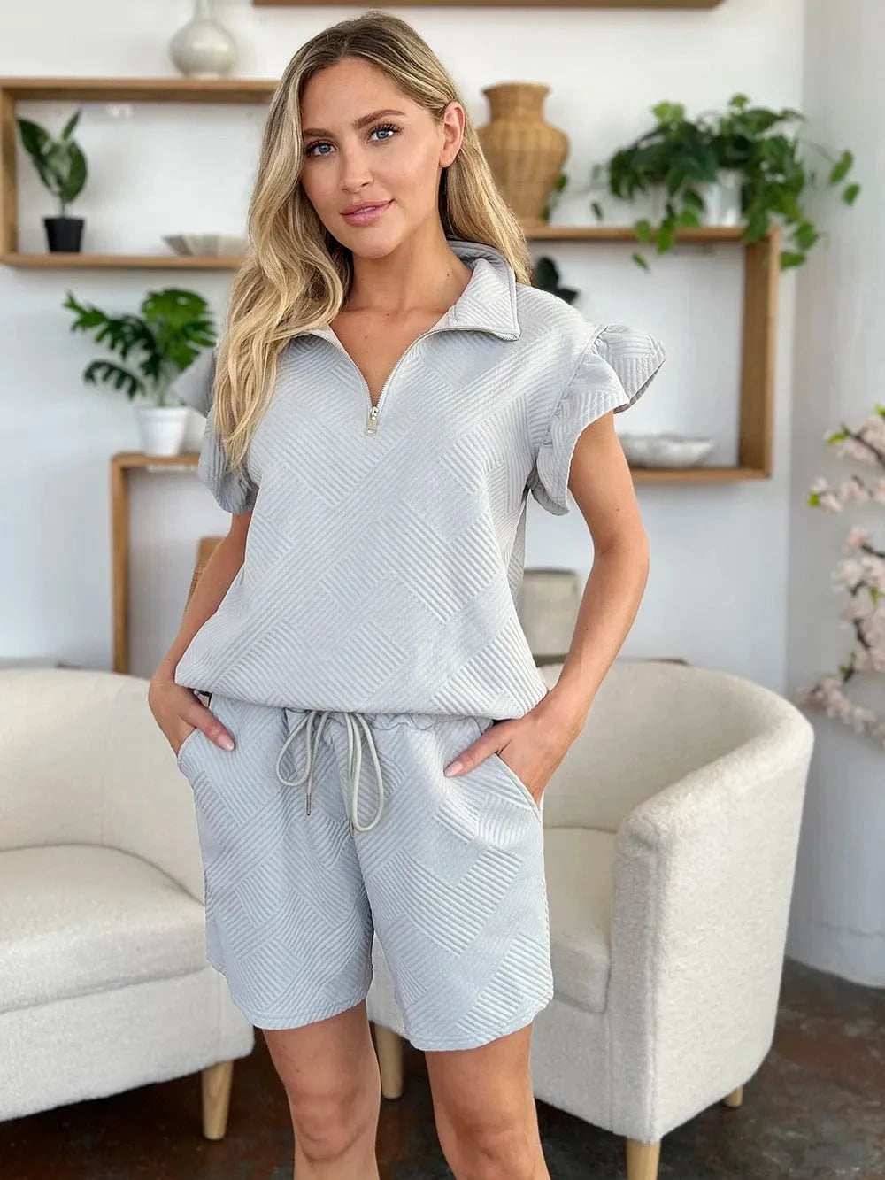 Double Take Full Size Texture Flounce Sleeve Top and Drawstring Shorts Set - Trendsi - Flyclothing LLC