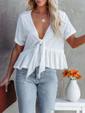 Tied Plunge Short Sleeve Blouse - Trendsi - Flyclothing LLC