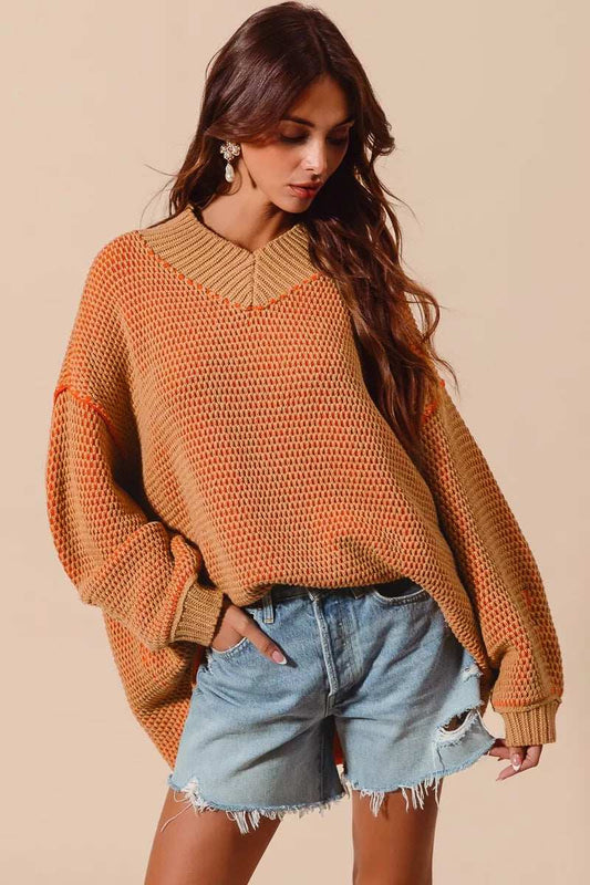 SO ME Oversized Two Tone Textured V Neck Sweater - Trendsi - Flyclothing LLC
