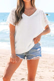 Lace Crochet Textured Button Back V Neck T Shirt - Trendsi - Flyclothing LLC