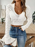 Openwork Collared Neck Long Sleeve Knit Top - Trendsi - Flyclothing LLC