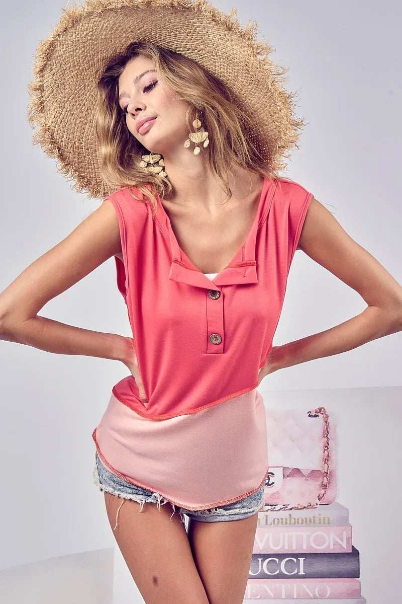 BiBi Color Block Contrast Stitching Buttoned Henley Top - Trendsi - Flyclothing LLC