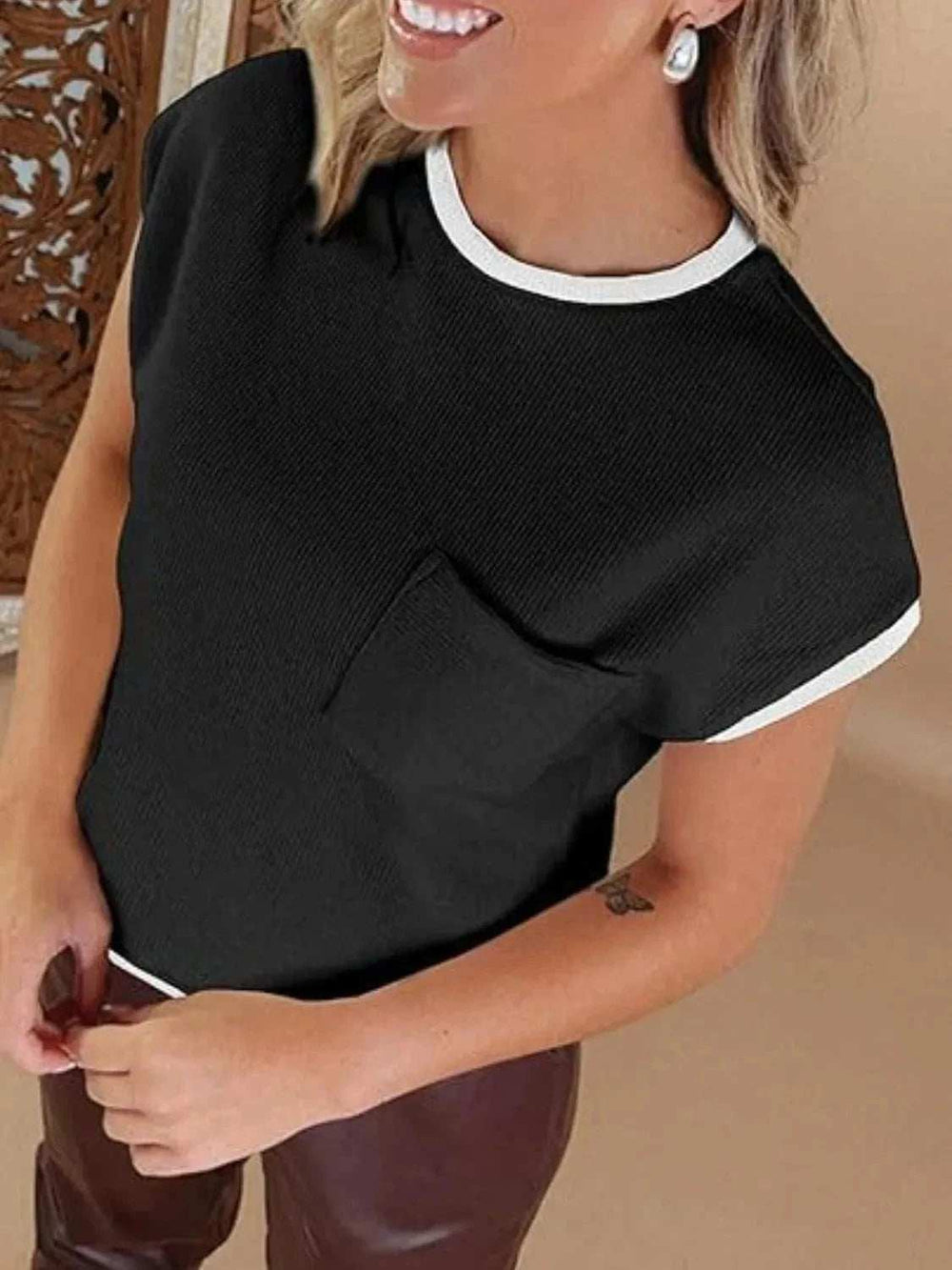 Contrast Trim Round Neck Cap Sleeve Top - Trendsi - Flyclothing LLC