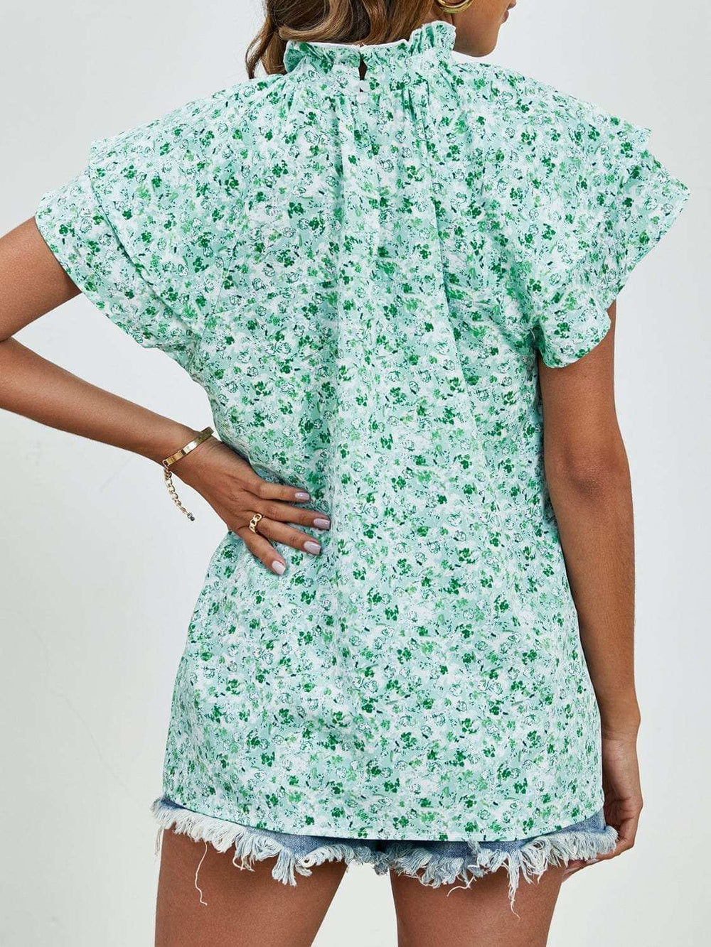Ditsy Floral Mock Neck Flounce Sleeve Blouse - Trendsi - Flyclothing LLC