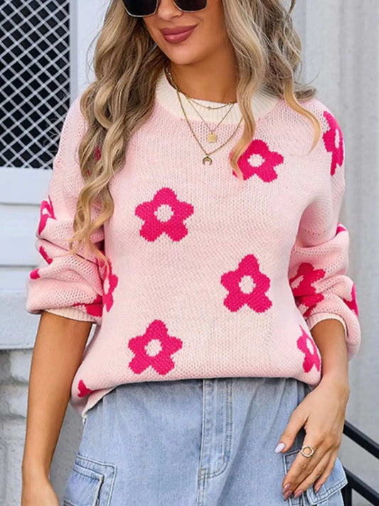 Flower Round Neck Dropped Shoulder Sweater - Trendsi - Flyclothing LLC