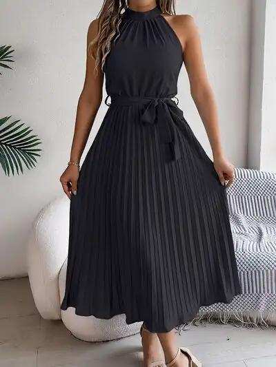 Pleated Tie Waist Sleeveless Midi Dress - Trendsi - Flyclothing LLC